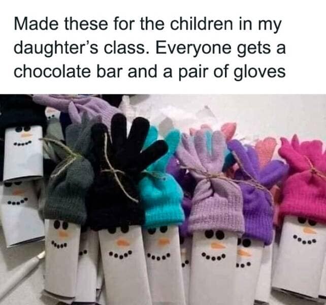 Chocolate bars wrapped as snowmen with knit hats and gloves—classroom gift craft hacks for winter.