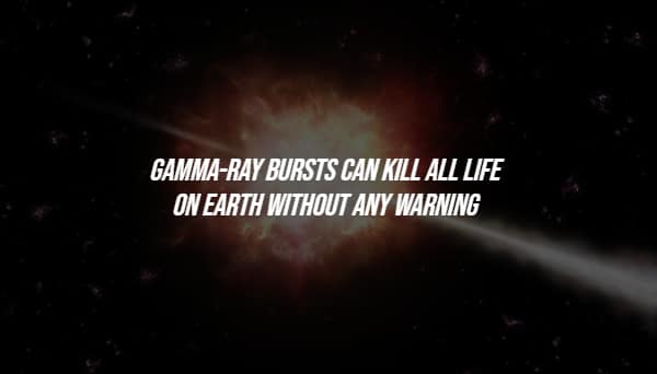 Gamma-ray burst illustration with text about sudden extinction risk