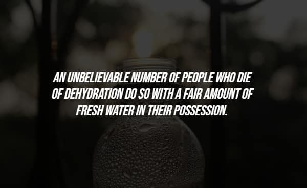 Water bottle close-up with fact about dying of dehydration