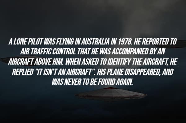 Dark sky with UFO depiction and story of missing pilot