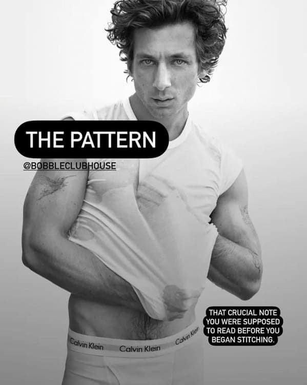 A funny crochet meme using a handsome man to represent missing a crucial note in a pattern.