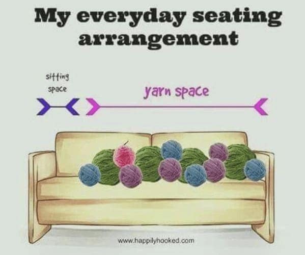 A funny crochet meme about a couch where "yarn space" is much larger than the sitting space.