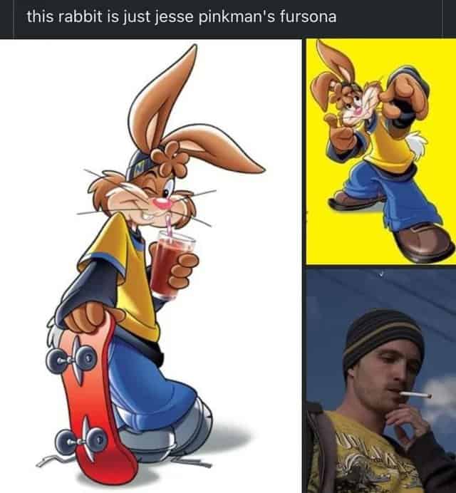 Collage comparing a skateboard-holding cartoon rabbit to Jesse Pinkman’s streetwear vibe.