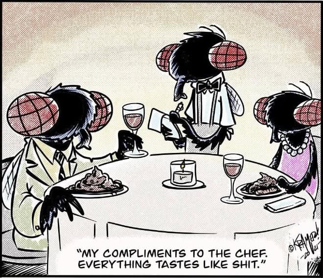 Flies at a fancy restaurant compliment the chef because the food tastes like feces.