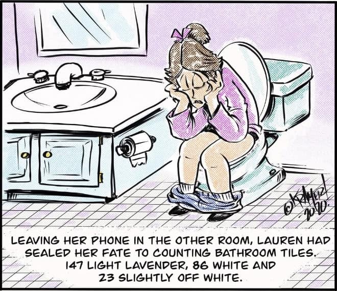 Woman sits on a toilet regretting leaving her phone behind.