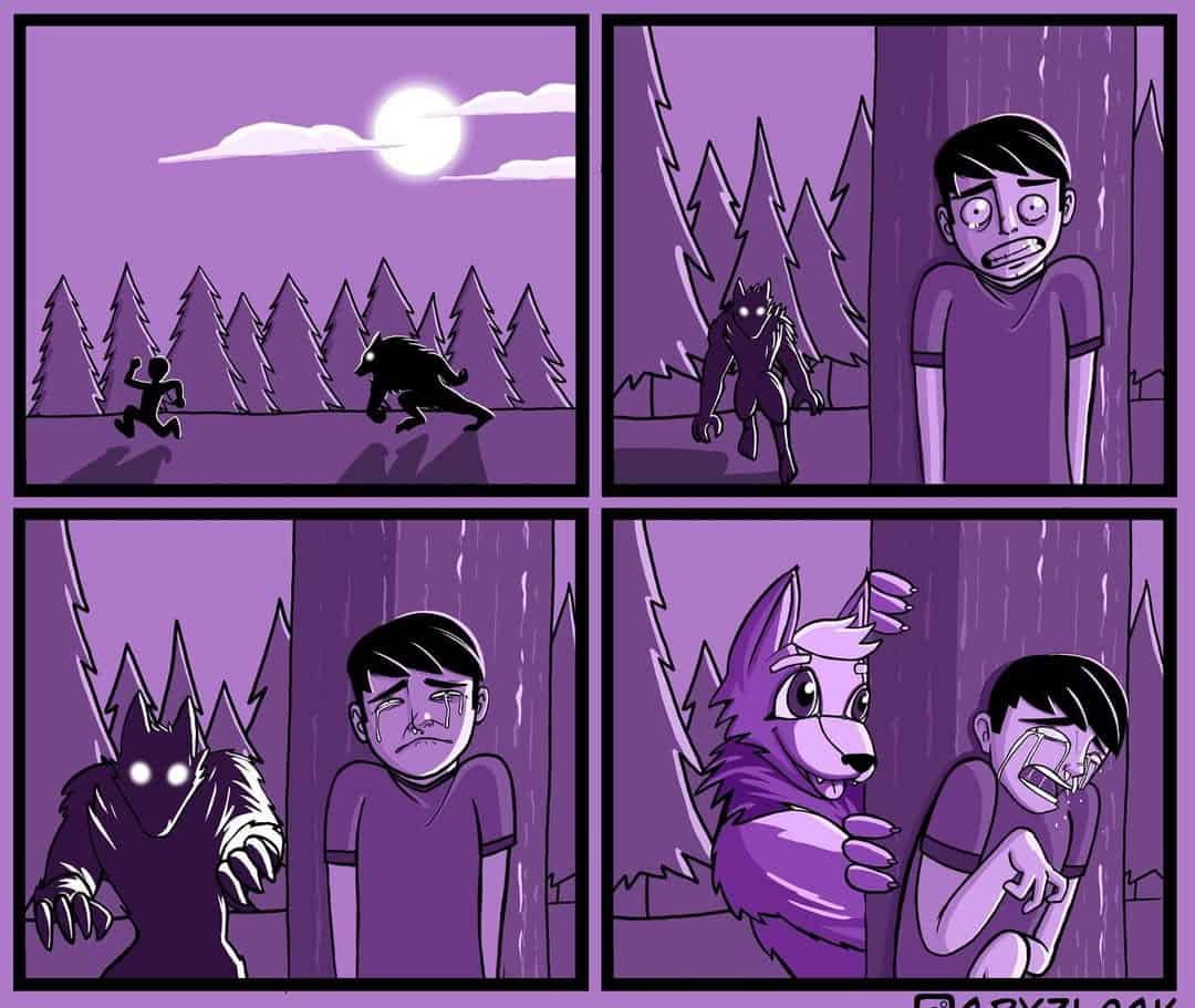 A man hides from a werewolf in the forest, but instead of getting attacked, the werewolf hugs him playfully, making him cry tears of joy.