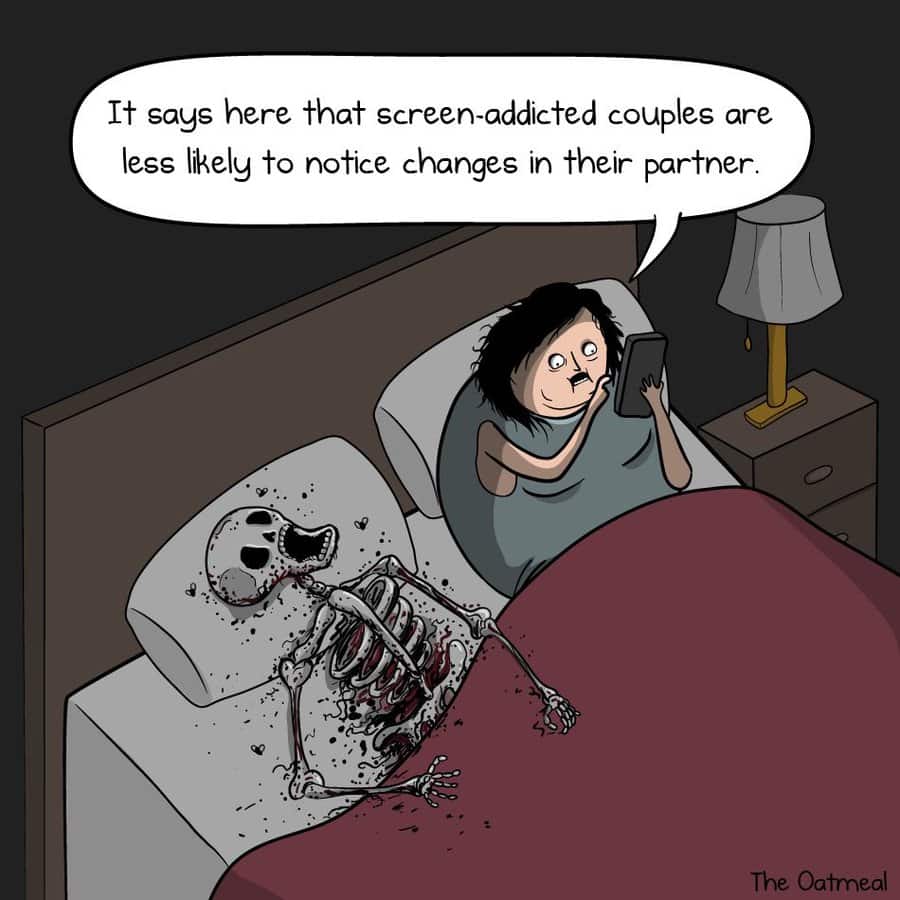 A dark humor comics scene of a woman scrolling on her phone in bed, oblivious that her partner beside her is a skeleton.