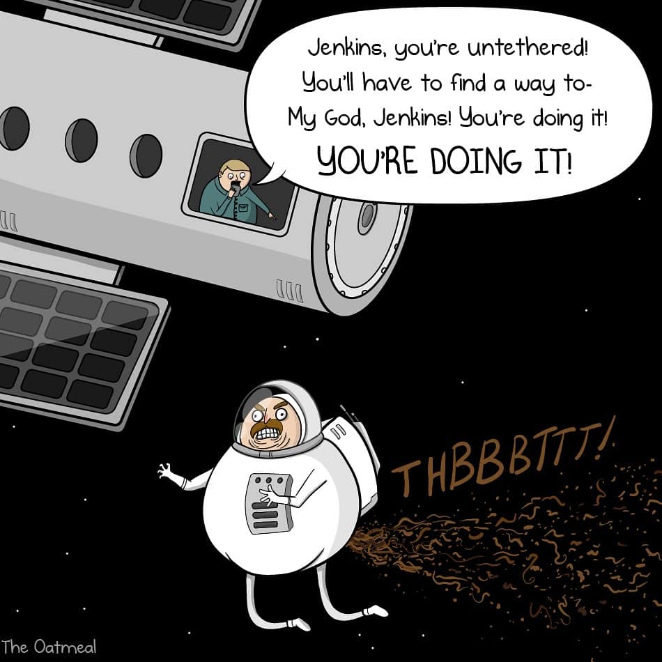 Space satire in dark humor comics of an untethered astronaut propulsion-boosting back to the ship with flatulence.