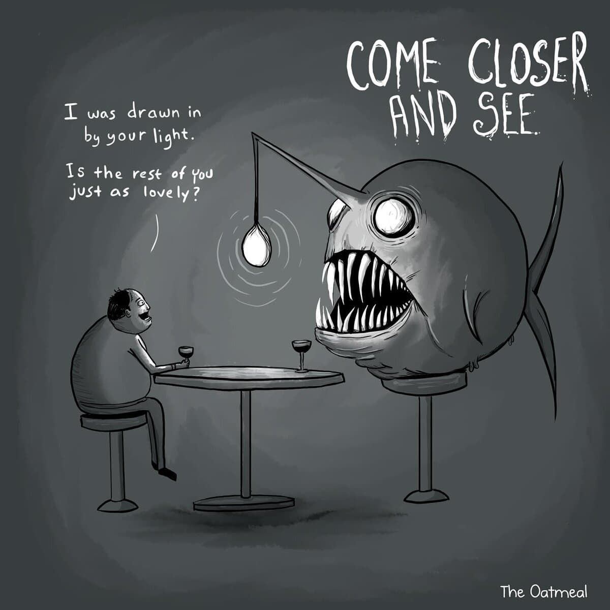 Dating joke from dark humor comics showing a man at a restaurant table flirting with a monstrous anglerfish lit by its lure.