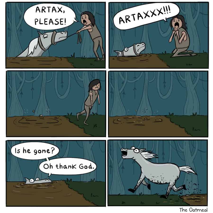 Parody in dark humor comics of a boy begging his sinking horse before the horse pops up and trots off unharmed.