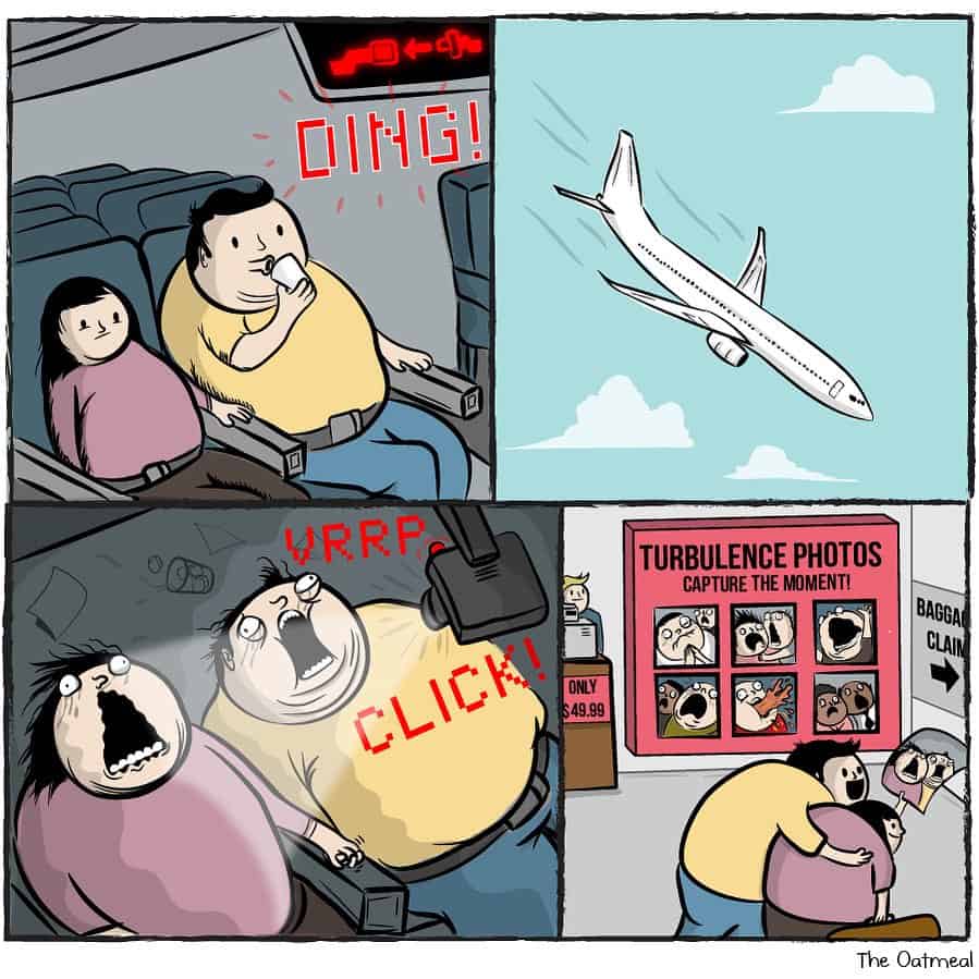 Airplane sequence in dark humor comics where turbulence triggers oxygen masks and a camera snaps passengers’ terrified faces for sale later.