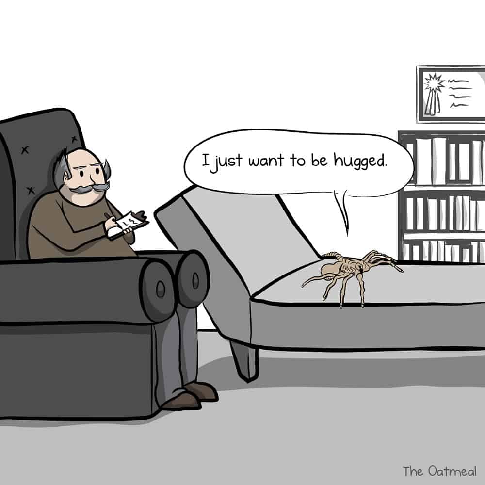Counseling session in dark humor comics featuring a tarantula on the therapist’s couch saying it just wants to be hugged.