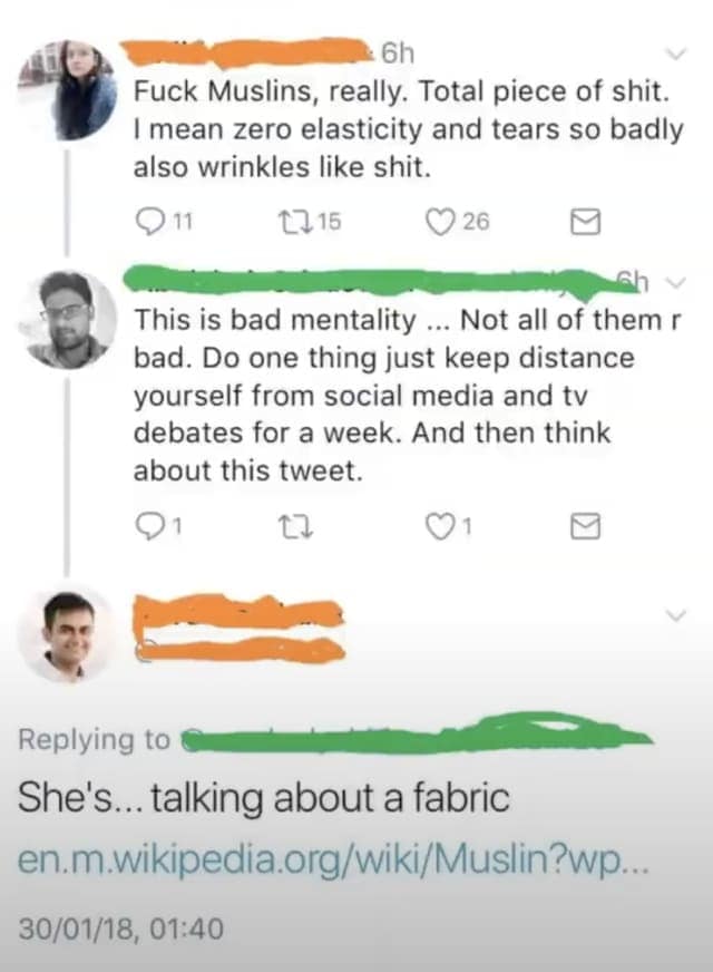 A dark meme of a Twitter misunderstanding over someone complaining about muslin fabric, not Muslims.