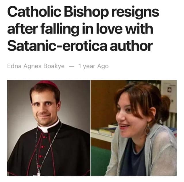A dark meme of a news headline about a Catholic Bishop falling for a Satanic-erotica author.