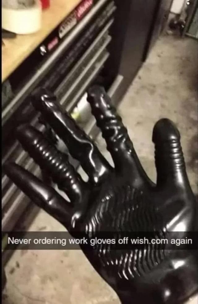 A dark meme of a latex "work glove" from Wish.com where the fingers are sex toys.