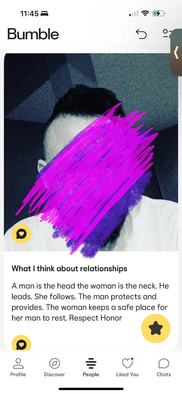 Bumble bio says “man leads, woman follows” — traditional gender-roles red flag.