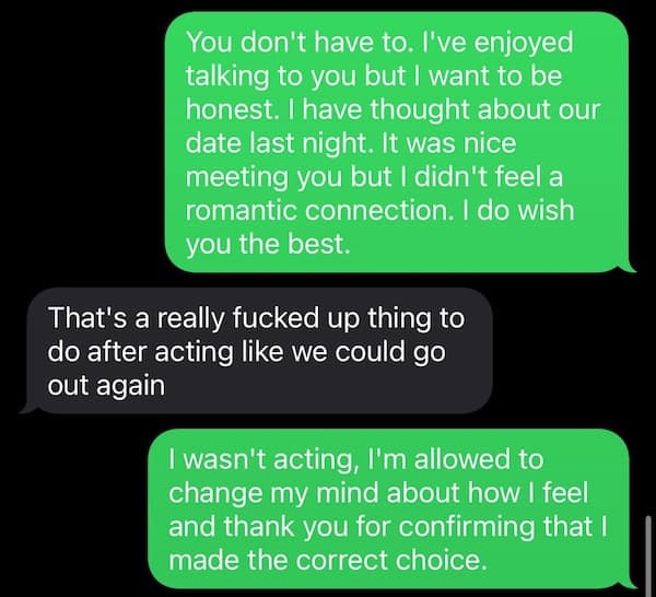 polite text declines second date; salty reply; firm boundary message.