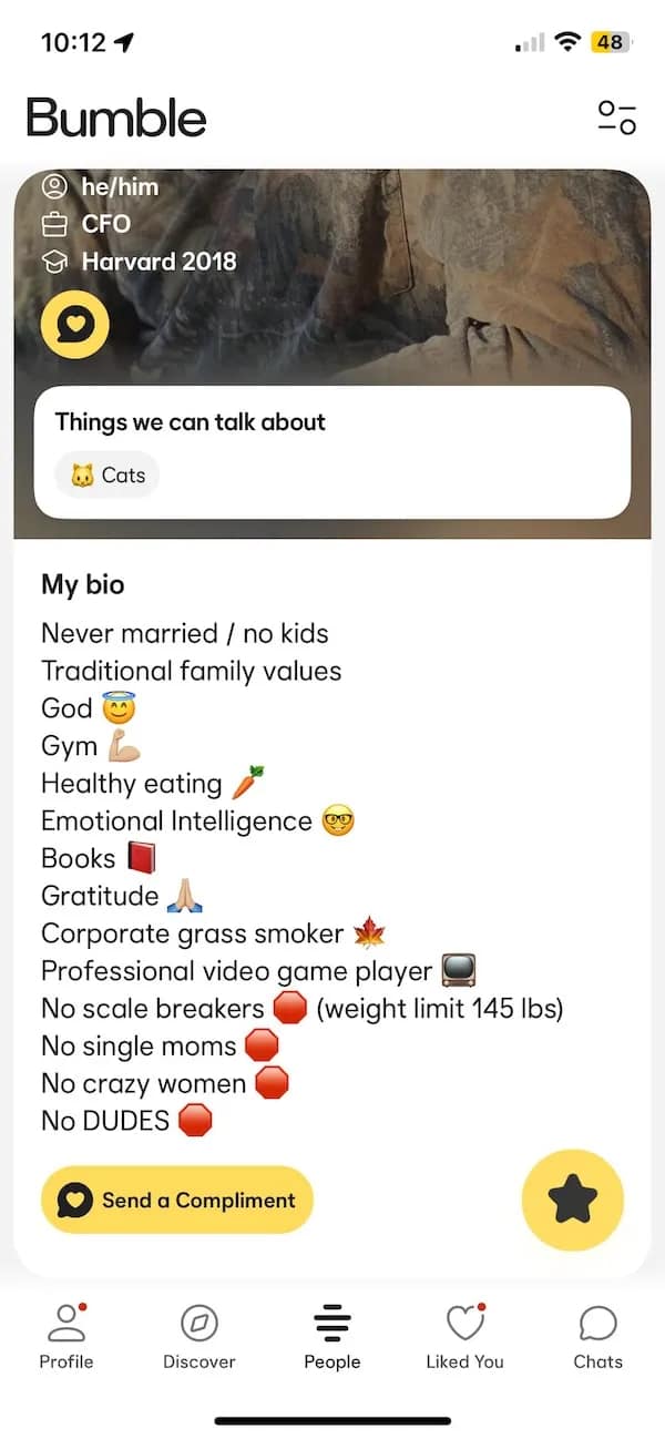 resume-style dating app profile with rules — 145-lb limit, no single moms, no “crazy.”