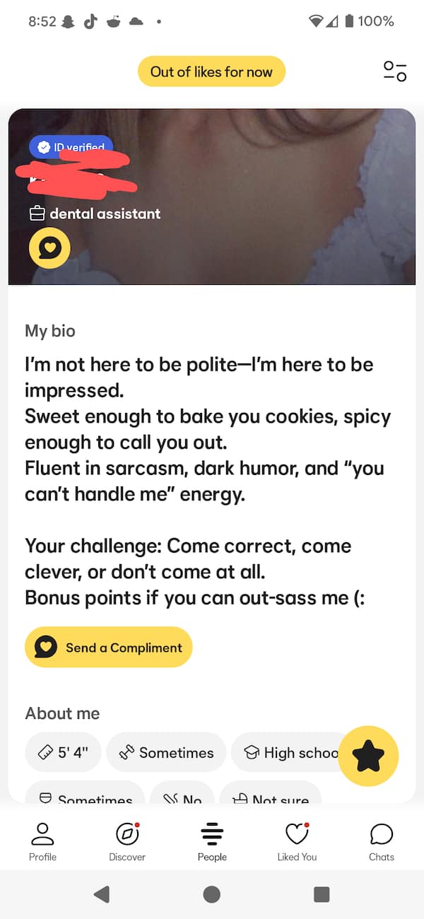 high-pressure bio — “impress me,” “come correct,” “out-sass me.”