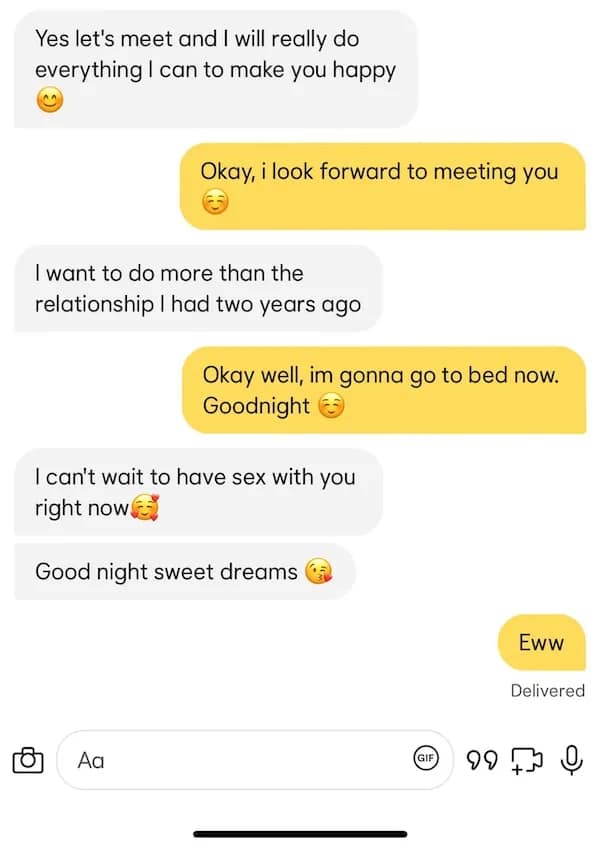 late-night chat jumps to explicit sexting; reply is a blunt “Eww.”