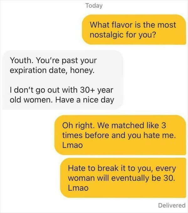 A dating app text exchange about a woman being too old for a date.
