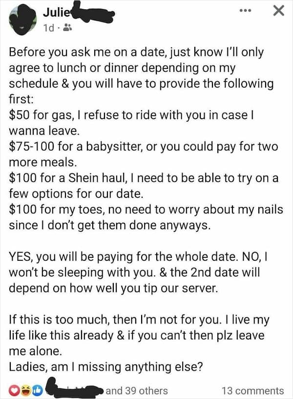 A Facebook post from a woman with a long list of demands for a date.