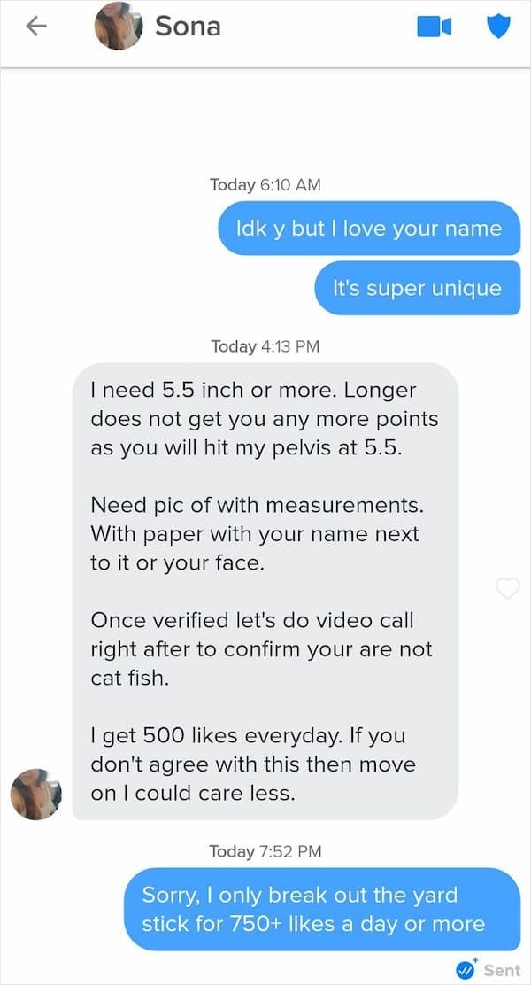 A dating app text exchange where a man makes strange demands to a woman.