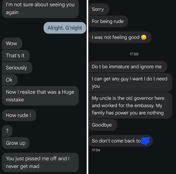 A dating app text exchange where a person's anger spirals out of control.