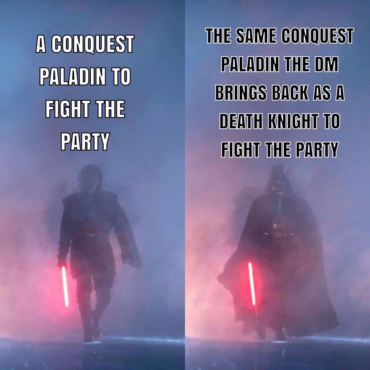 Side-by-side foggy shots of Anakin and Darth Vader with captions about a Conquest Paladin returning as a Death Knight.