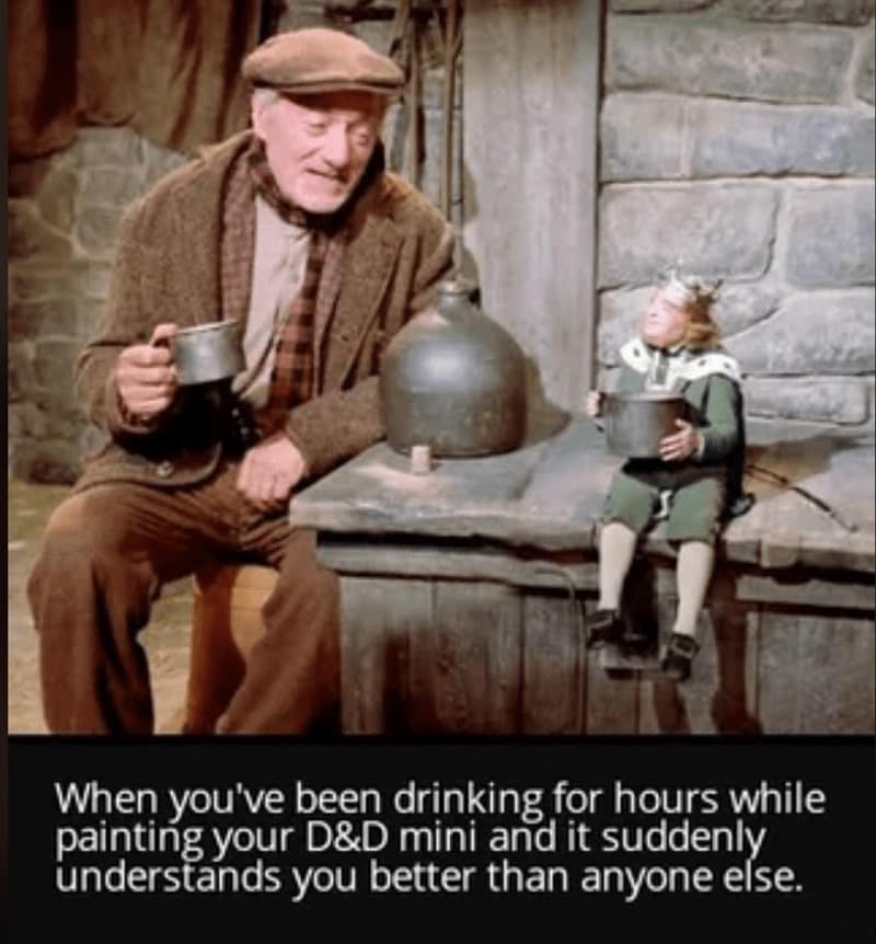 Man drinking with a tiny medieval doll on a bench; text about D&D mini understanding him.