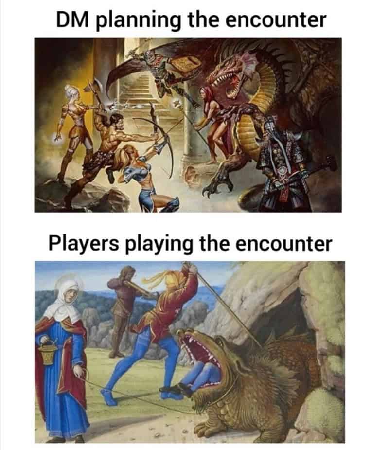 Two paintings: epic fantasy battle prep vs medieval art where a hero’s leg is in a monster’s mouth.