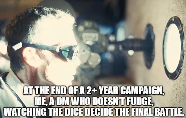 DM stares tensely through a glowing hole in wall; caption about final battle.
