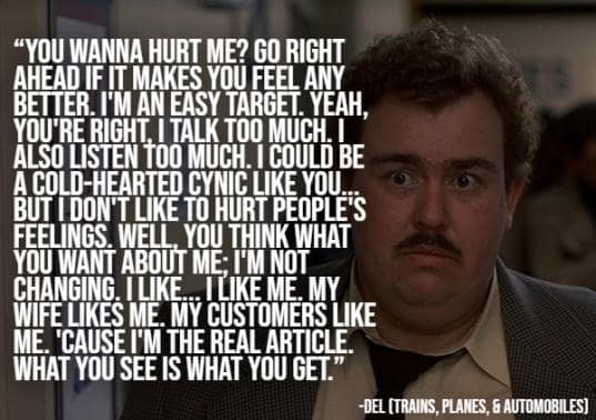 John Candy delivering heartfelt speech in Trains, Planes and Automobiles