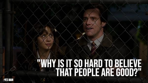 Jim Carrey and Zooey Deschanel in Yes Man discussing human goodness