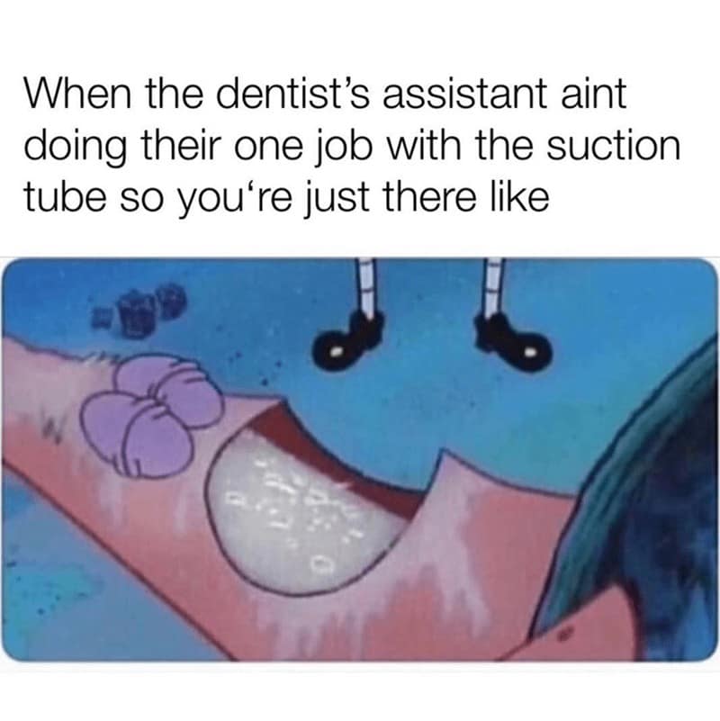 Cartoon mouth filling with liquid due to suction tube not being used.