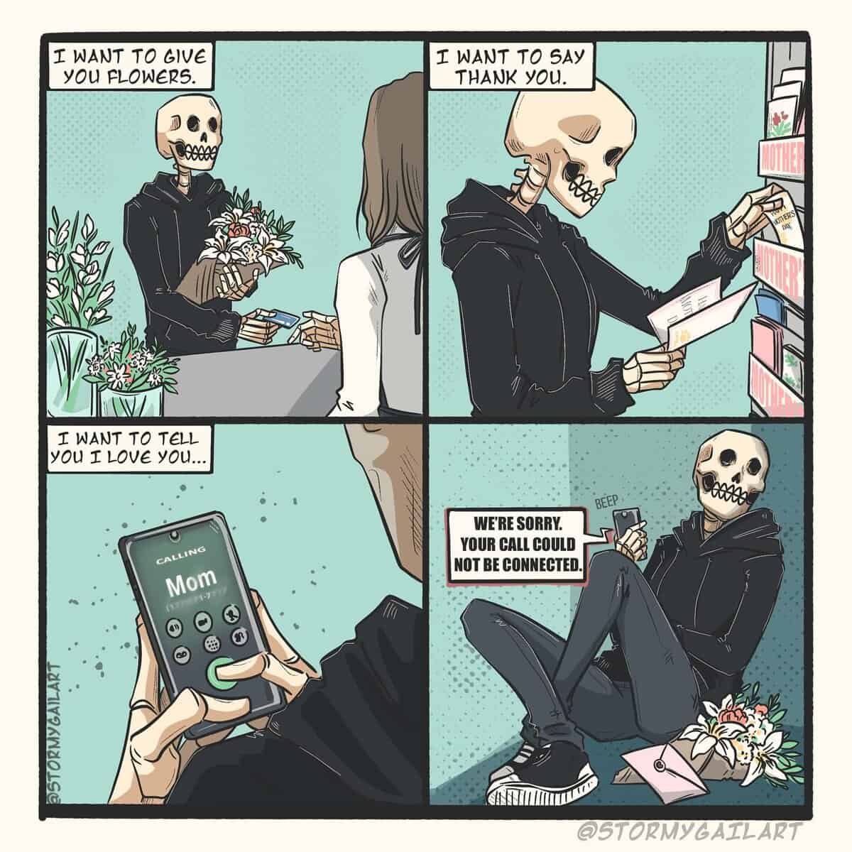 A skeleton in a hoodie buys flowers, chooses a card, and attempts to call “Mom,” only to find the call can't connect.