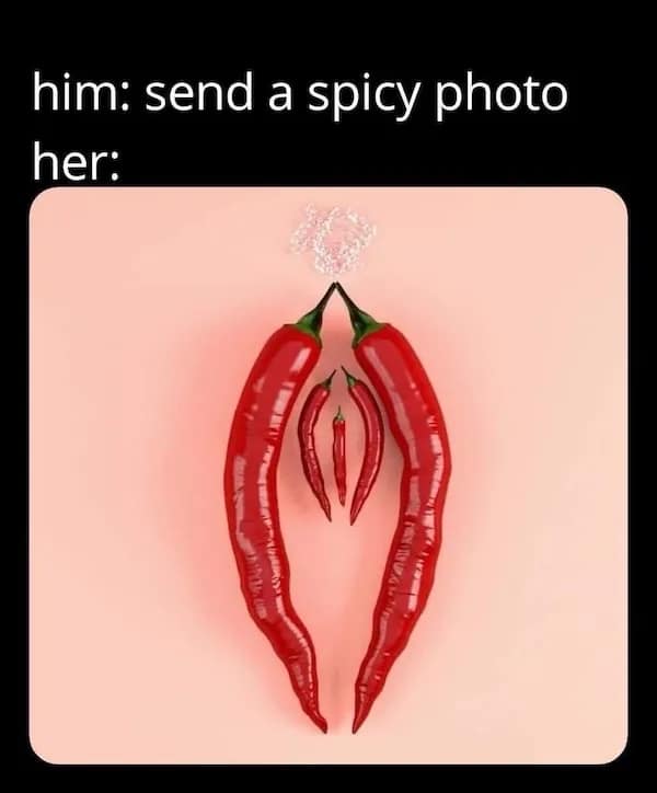Playful food art using red chili peppers arranged suggestively, a tongue-in-cheek entry in dirty memes.
