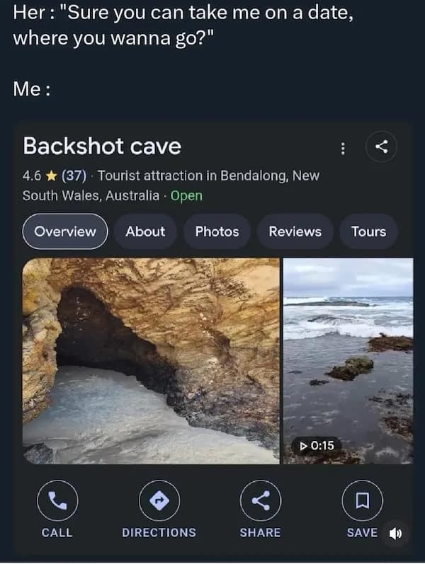 Phone screenshot of a coastal cave on maps with an eyebrow-raising name—travel wordplay meets dirty memes.