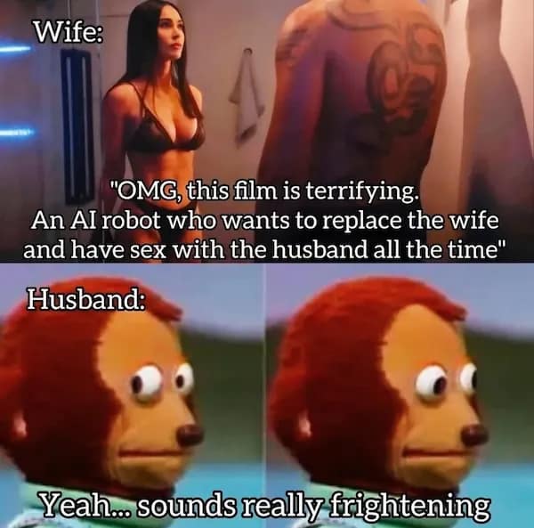 Two-panel: partner describes a thriller about an eager AI; a nervous puppet side-eyes—innuendo-tinged dirty memes.