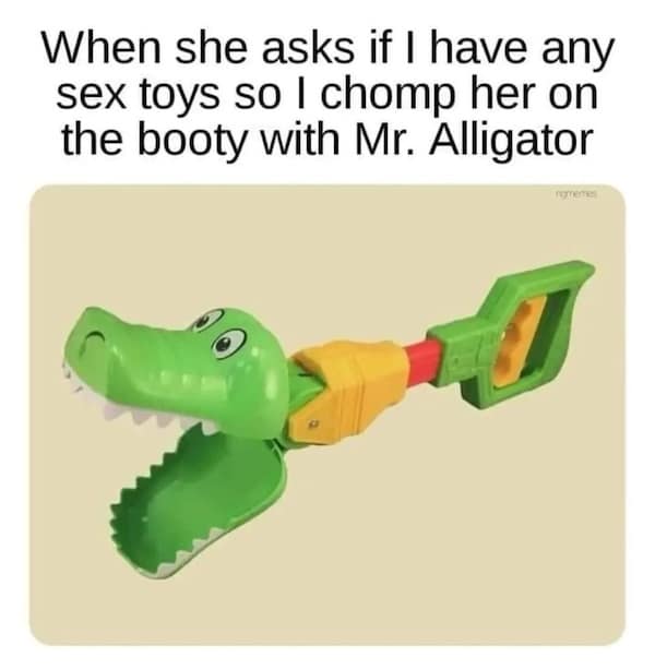 Green alligator grabber toy shown as a jokey “sex toy” alternative—absurd adult humor.