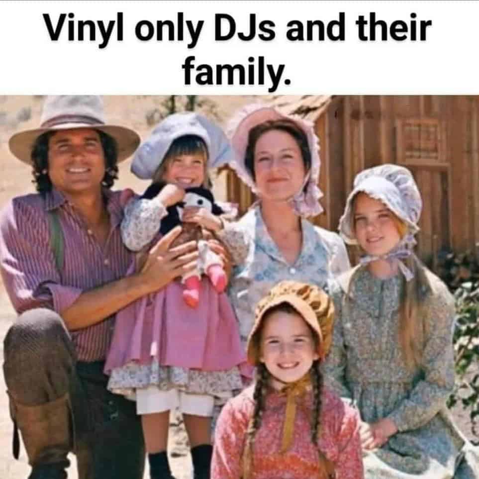 Old-timey family photo captioned “Vinyl only DJs and their family.”