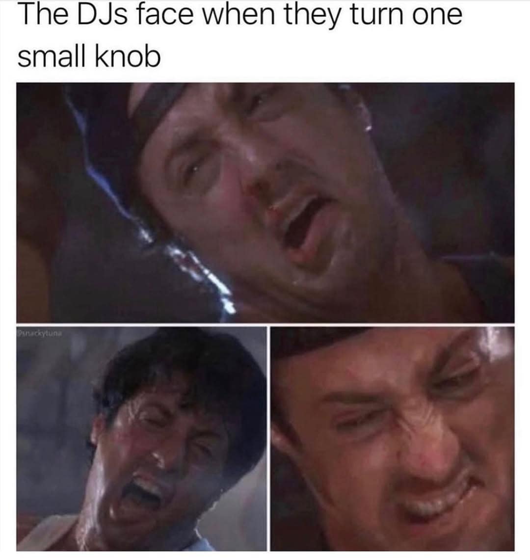 Close-up images of a DJ making exaggerated faces while turning knobs.