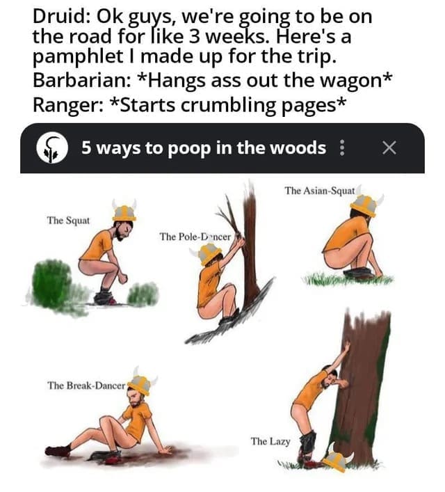 Funny D&D party joke about pooping in the woods with illustrated poses.