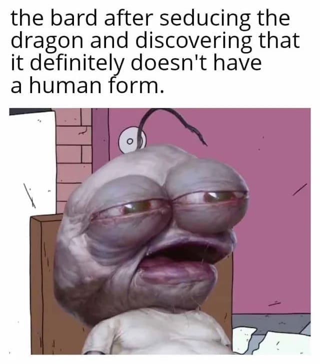 A shocked creature stares after a bard seduces a dragon with no human form in a D&D game.