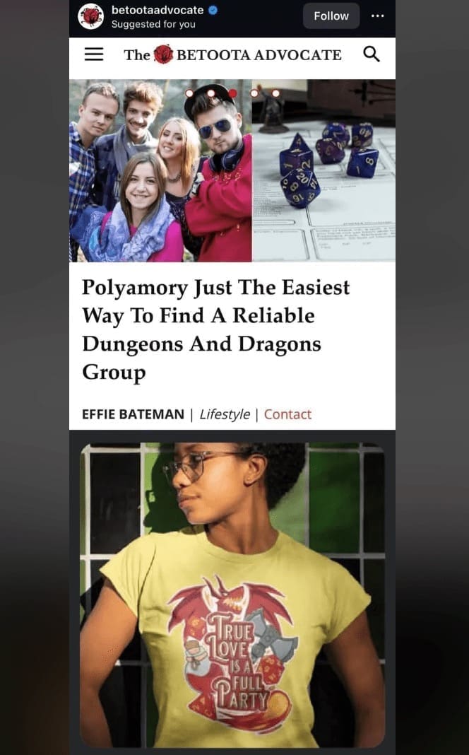 Meme claiming polyamory is the easiest way to find a reliable D&D group.