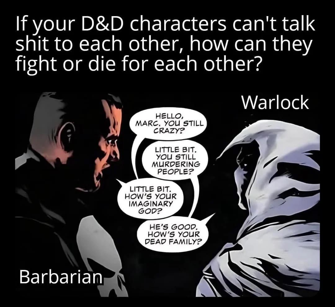 Barbarian and Warlock exchange savage insults in a D&D-themed comic.