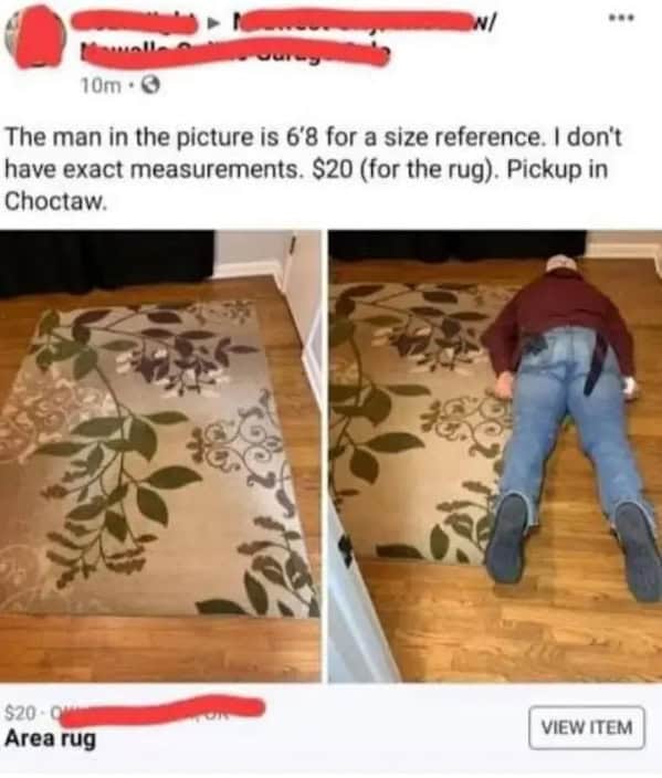 Man lying on rug for size reference in funny Facebook marketplace ad