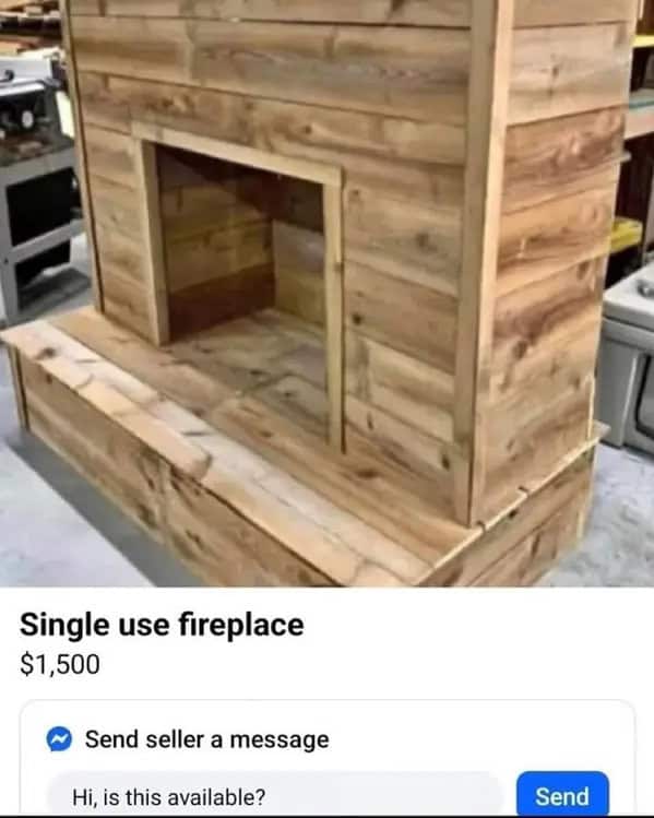 Wooden fireplace listed as single use on Facebook Marketplace