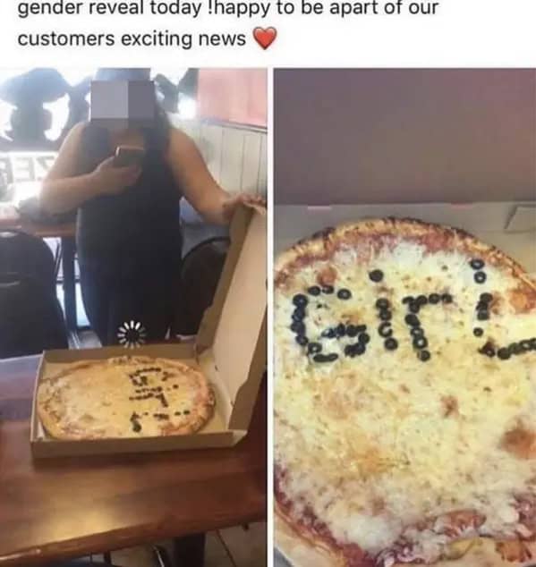 Cheese pizza gender reveal with “girl” spelled in olives