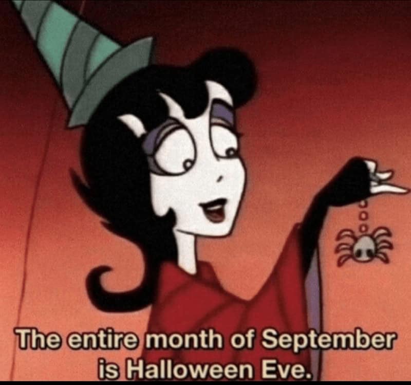 A cartoon witch holds a spider, declaring September is "Halloween Eve."